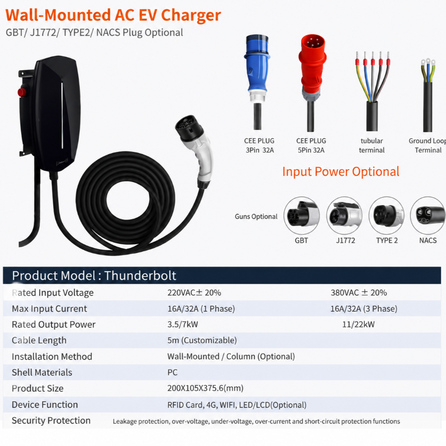 Thunderbolt wall-mounted AC EV charger input and connector options