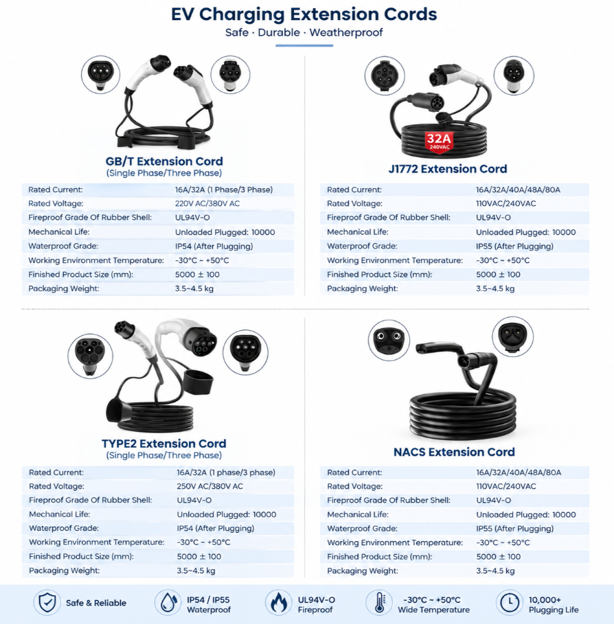 GB/T, J1772, Type 2 and NACS EV charging extension cords with specifications