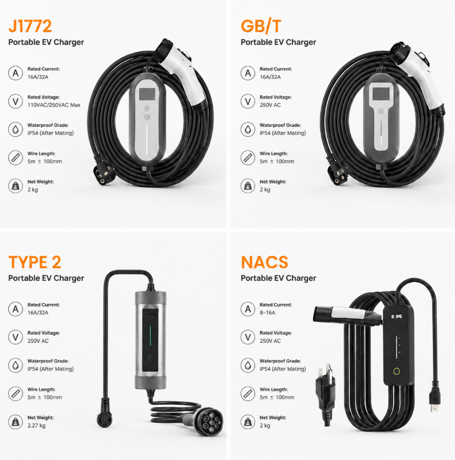 Portable electric vehicle charger connector and control box options